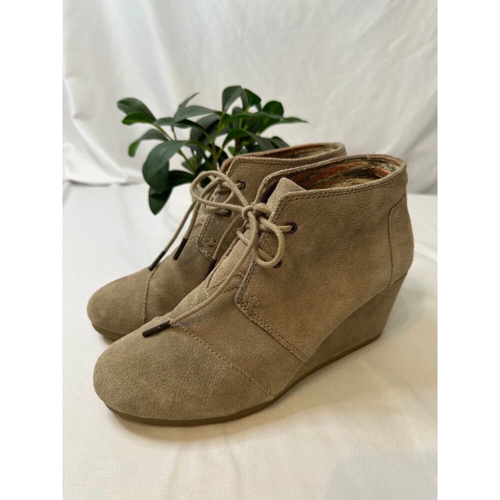Toms Women's Suede Ankle Boots Taupe Wedge Heels Lace‎ Up Size 6